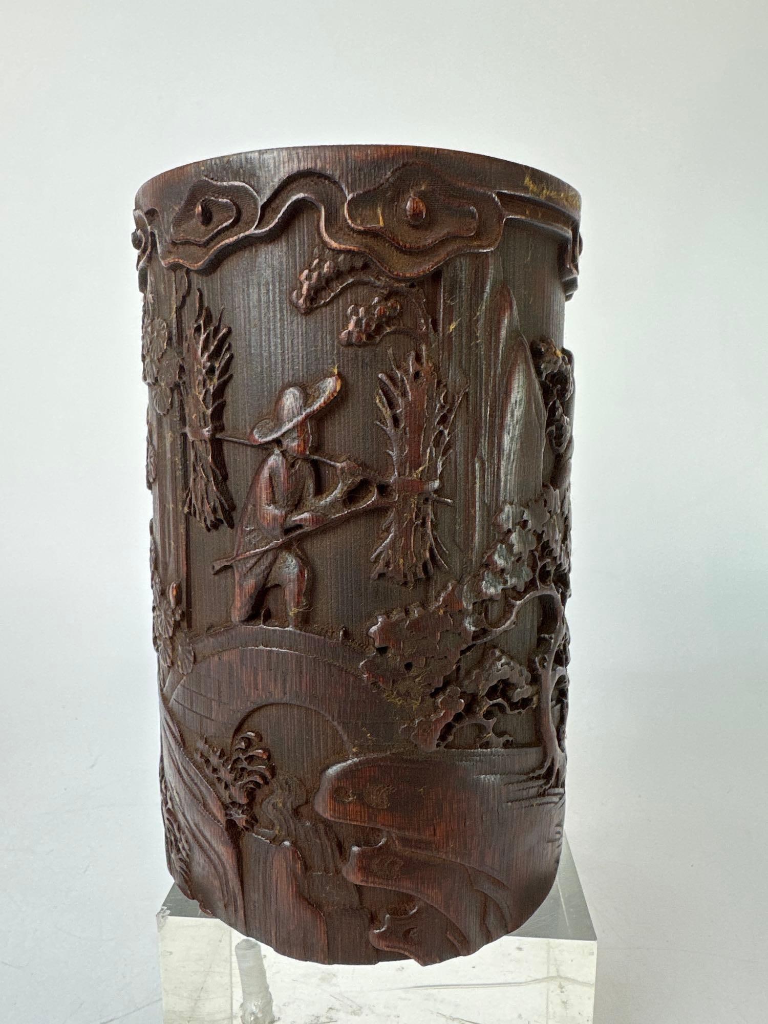 ANTIQUE CHINESE CARVED BAMBOO LANDSCAPE BRUSH POT (1 of 6)