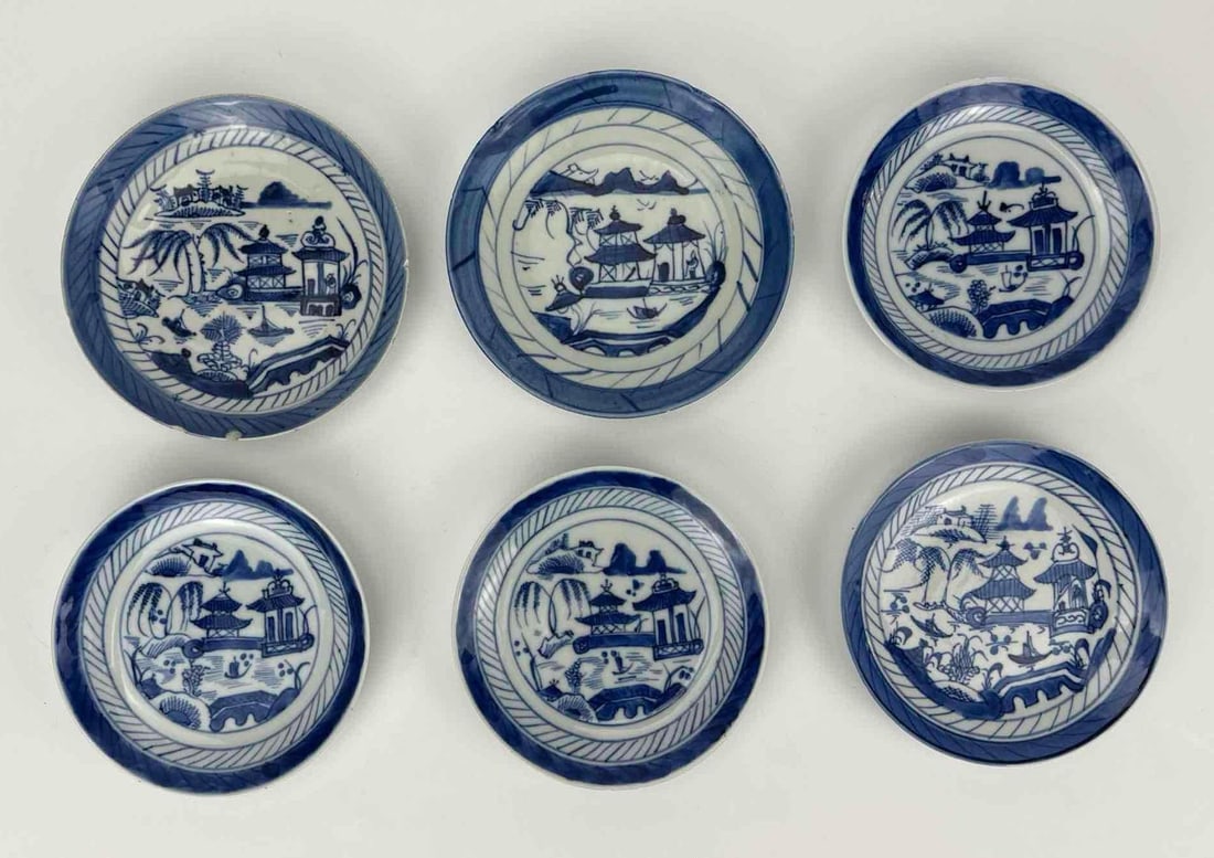 19TH-C CHINESE EXPORT BLUE CANTON PORCELAIN SMALL PLATES LOT OF 6 (1 OF 2) (1 of 9)