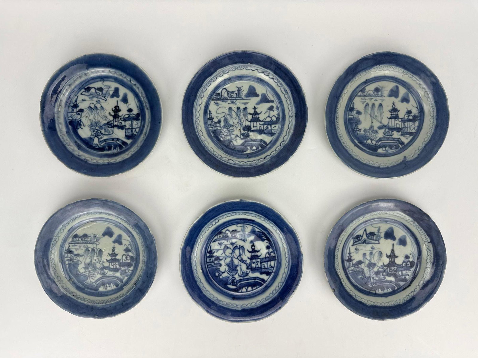 LOT OF 6 ANTIQUE 19TH CENTURY CHINESE EXPORT BLUE AND WHITE CANTON PORCELAIN SMALL PLATES (1 of 9)
