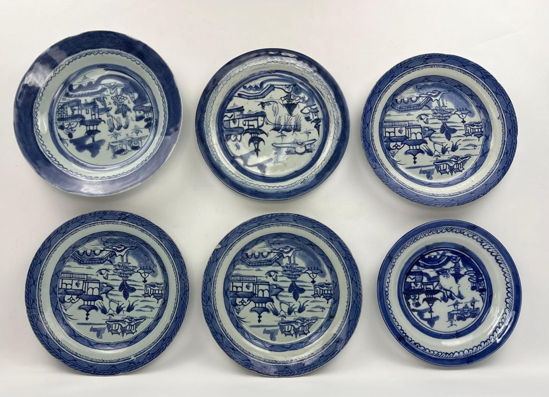 19TH CENTURY CHINESE EXPORT BLUE CANTON PORCELAIN SOUP DISH AND ASSORTED PLATES LOT OF 6 (1 of 14)
