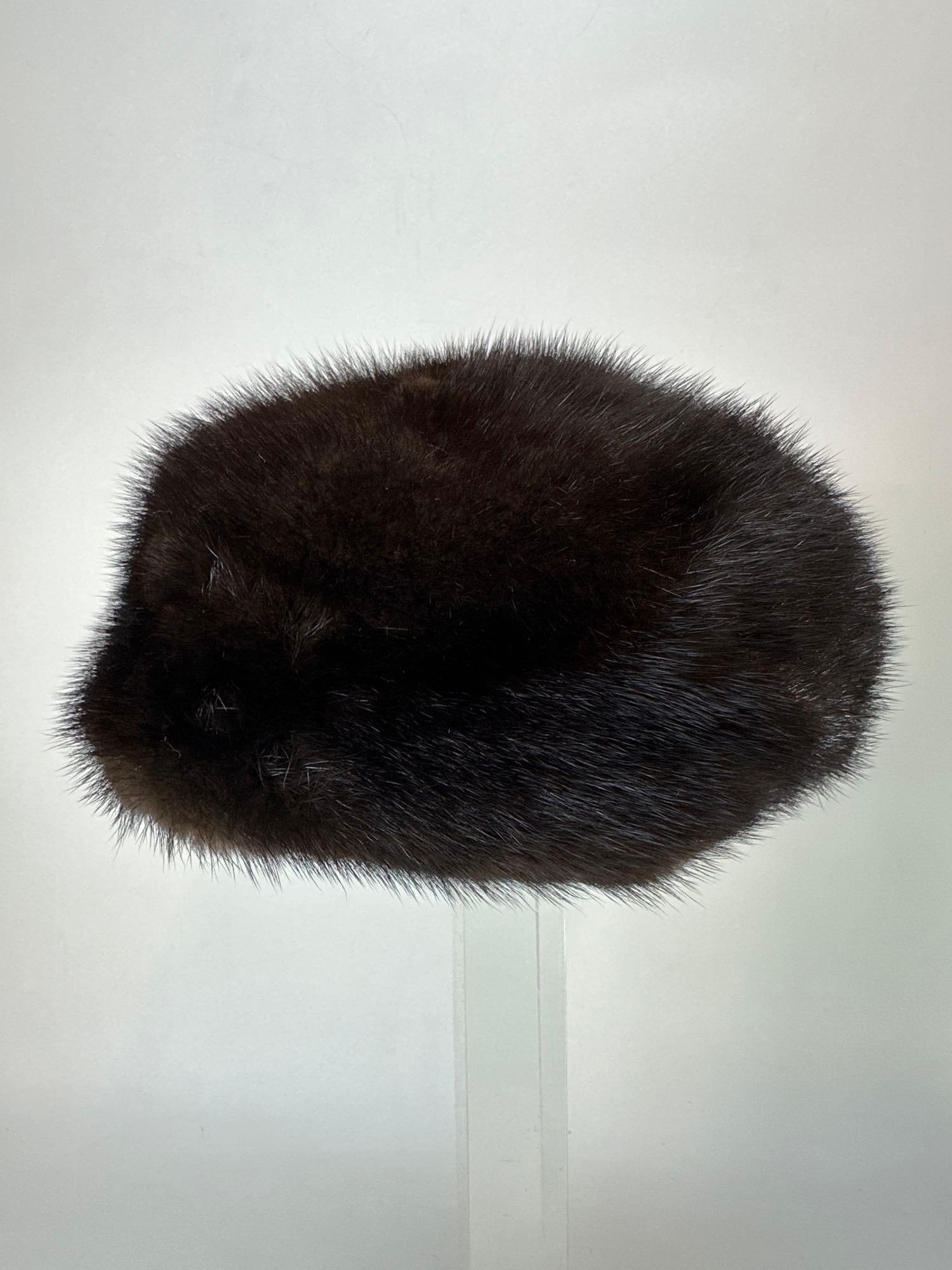 VINTAGE MINK FUR COSSACK STYLE PILLBOX HAT: Vintage mid-to-late 20th century plush real mink fur women's winter hat, designed in a classic structured Cossack or pillbox silhouette with a rich, glossy dark brown hue. Approximate Dimensions: 