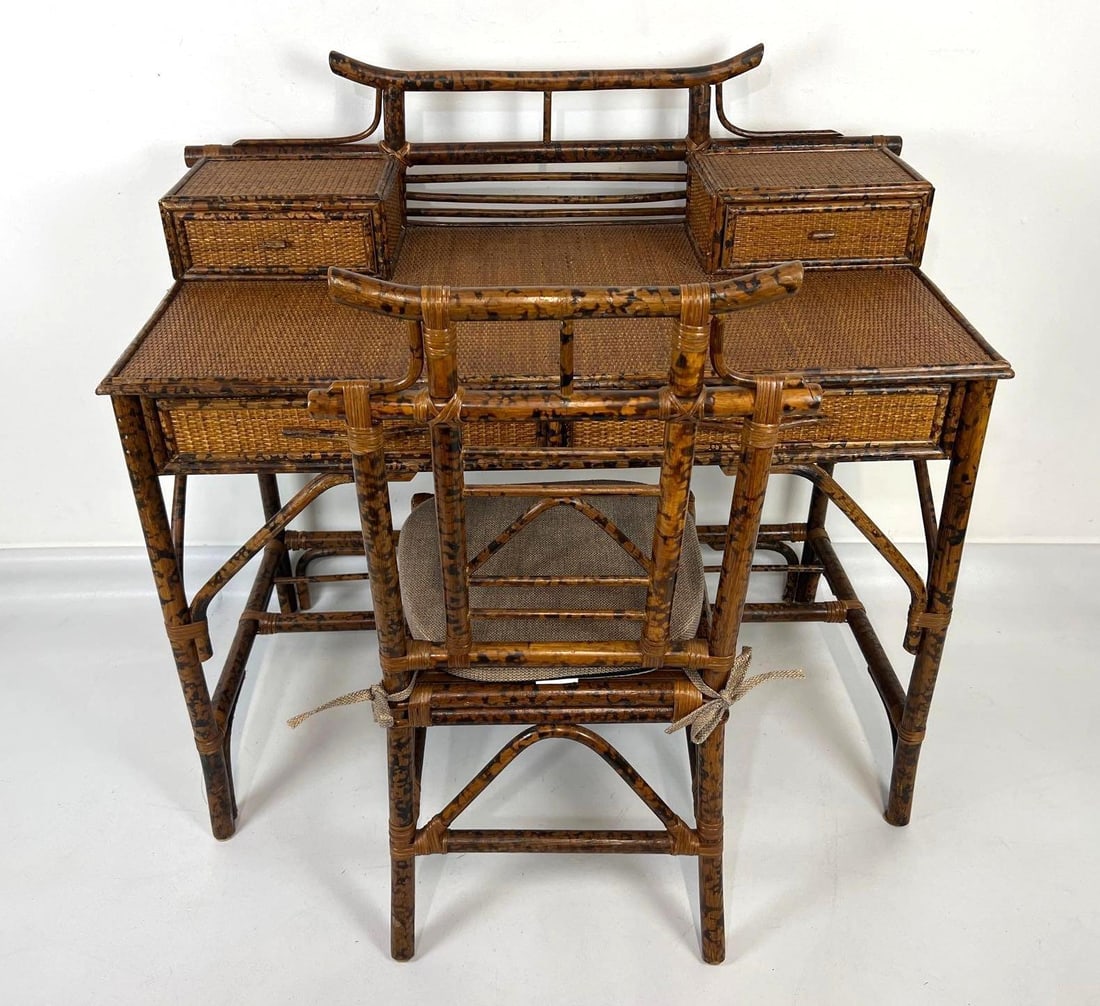 VINTAGE BRITISH COLONIAL STYLE CANE AND RATTAN FAUX BAMBOO PAGODA DESK AND CHAIR (1 of 12)