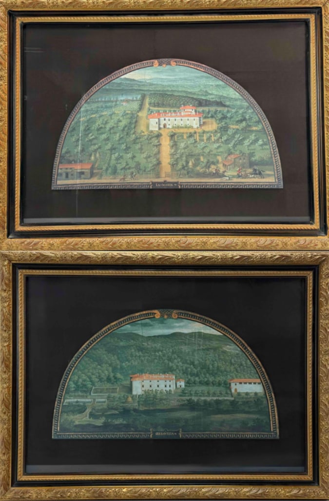 PAIR OF GIUSTO UTENS ITALIAN LANDSCAPE PRINTS “LA MAGIA?? AND “SERAVEZZA?? IN ORNATE GILT: A pair of framed vintage prints depicting historical Tuscan estates titled La Magia and Seravezza within ornate gold finished frames with black matting. Art Approximate Dimensions: 13”L x 22.25&