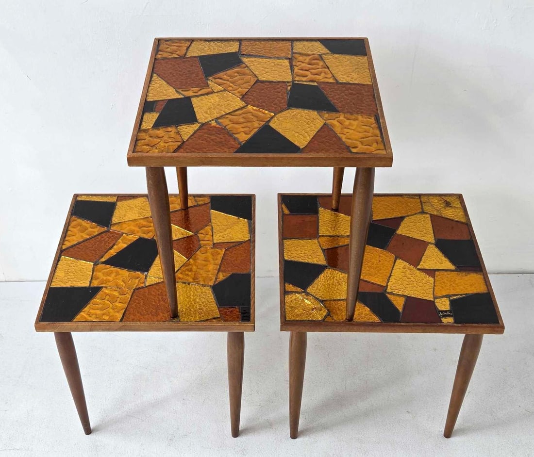TRIO OF JON MATIN MID CENTURY FOIL / GLASS MOSAIC AND WALNUT STACKING TABLES (1 of 16)