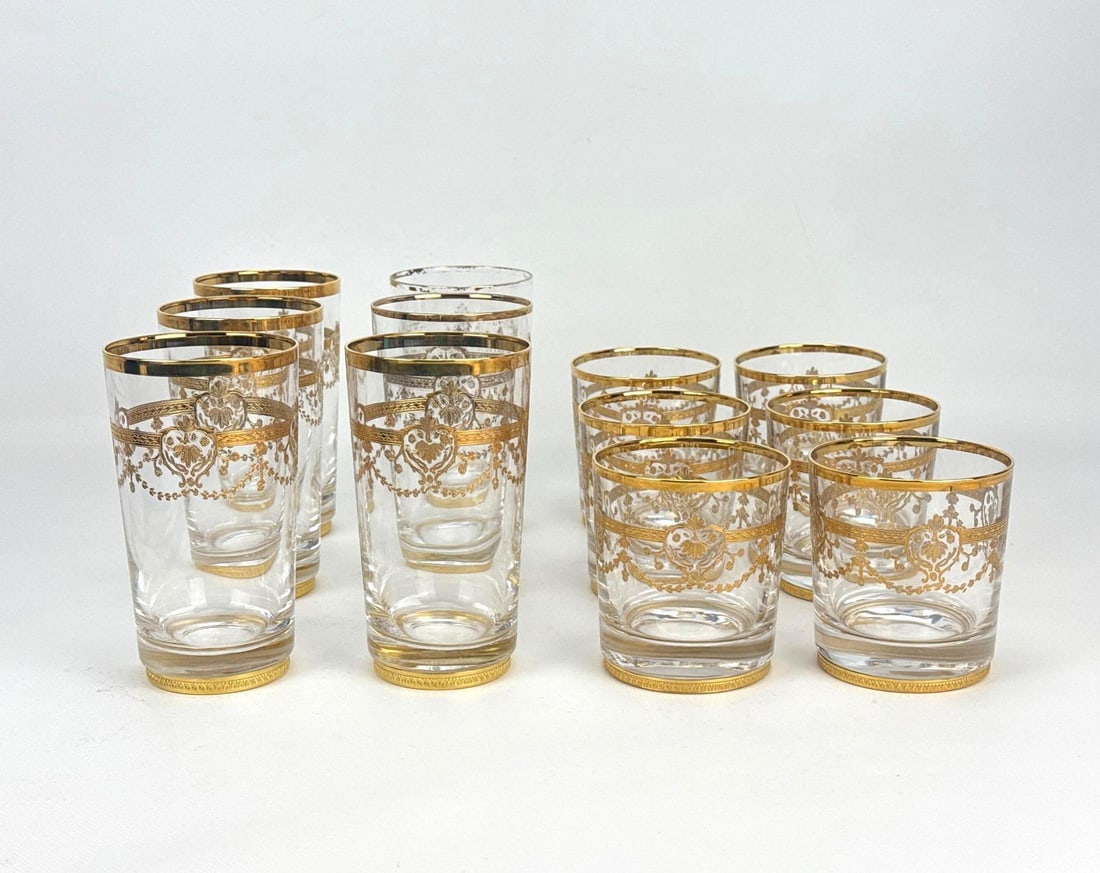 SET OF 12 MOROCCAN GOLD ENCRUSTED HIGHBALL AND ROCKS GLASSES (1 of 8)