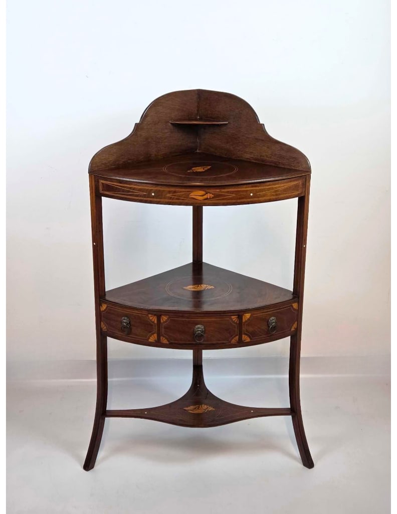 ANTIQUE INLAID MAHOGANY CORNER WASHSTAND/ ETAGERE WITH SEASHELL AND FAN MOTIF (1 of 15)