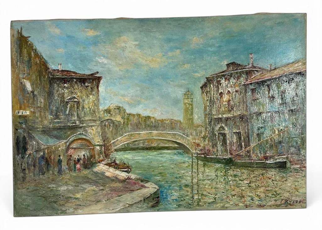 SIGNED F. RUSSO IMPRESSIONIST VENICE CANAL SCENE OIL ON CANVAS PAINTING (1 of 8)