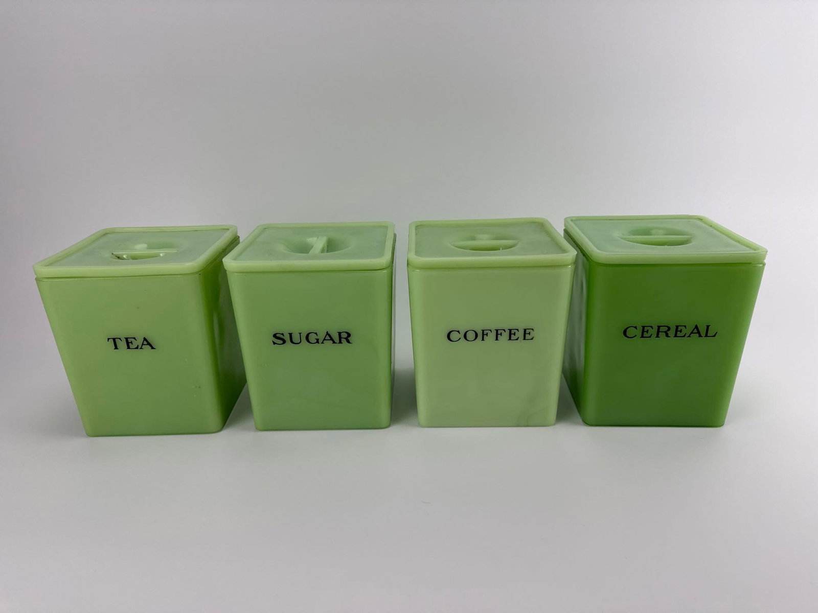FOUR VINTAGE JEANNETTE GLASS CO. DEPRESSION ERA JADEITE SQUARE KITCHEN CANISTERS (1 of 8)
