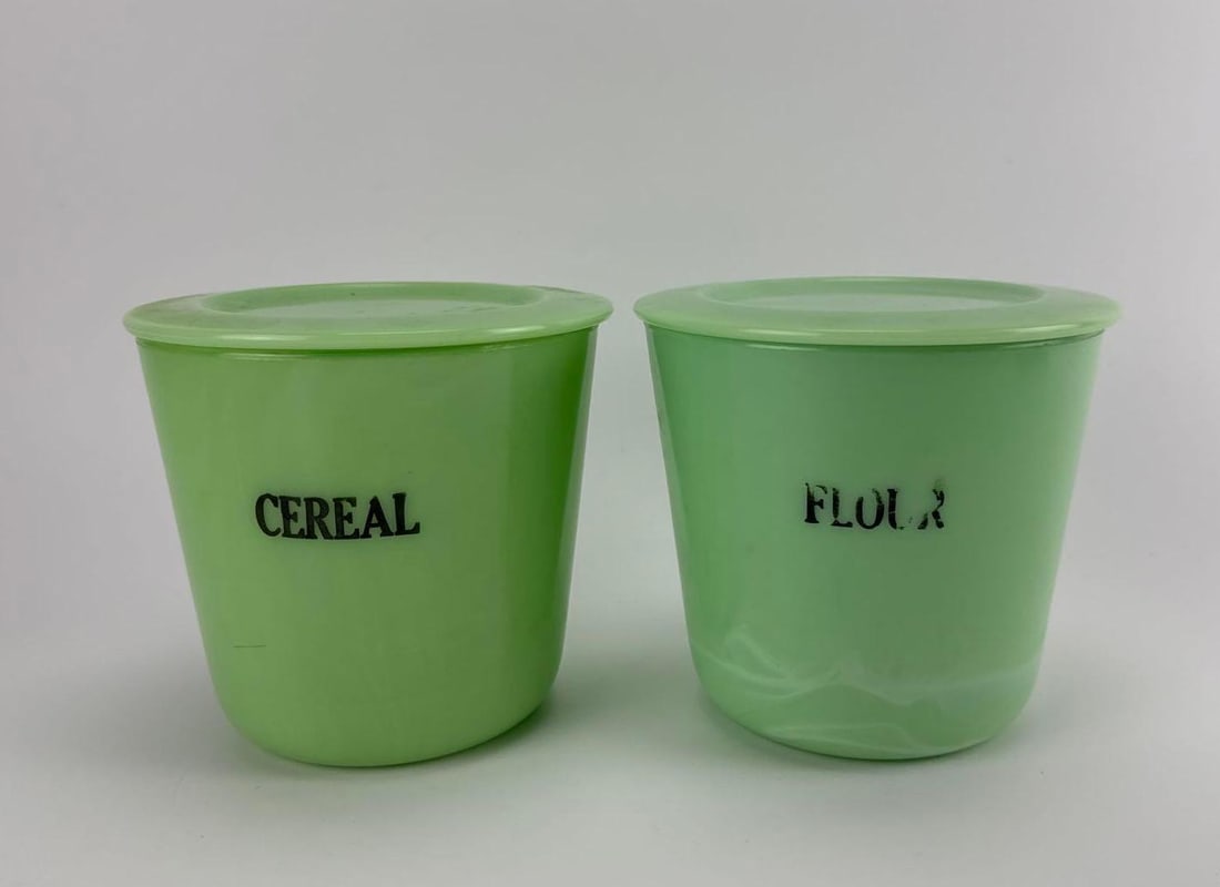 PAIR OF VINTAGE MCKEE GLASS CO. JADEITE ROUND FLOUR AND CEREAL CANISTERS (1 of 5)