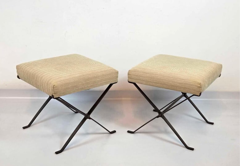 PAIR OF VINTAGE DENNIS MILLER ASSOCIATES STEEL & UPHOLSTERED X-LEG BENCHES (1 of 10)