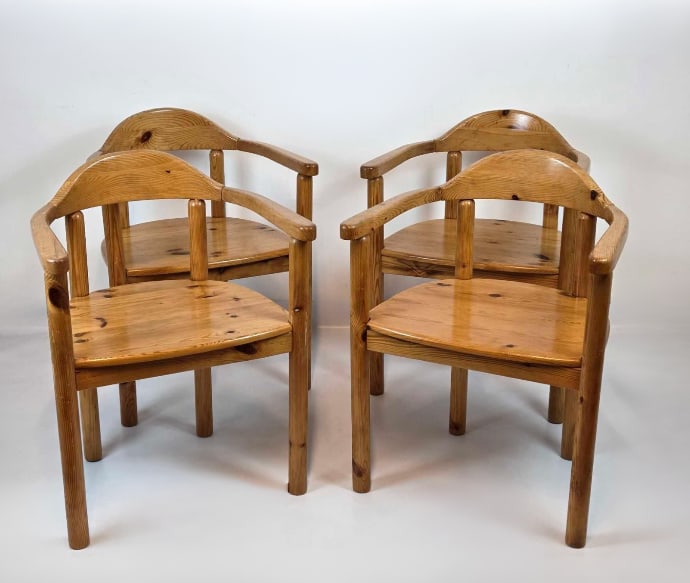 SET OF FOUR VINTAGE PINE ARMCHAIRS IN THE MANNER OF RAINER DAUMILLER (1 of 14)
