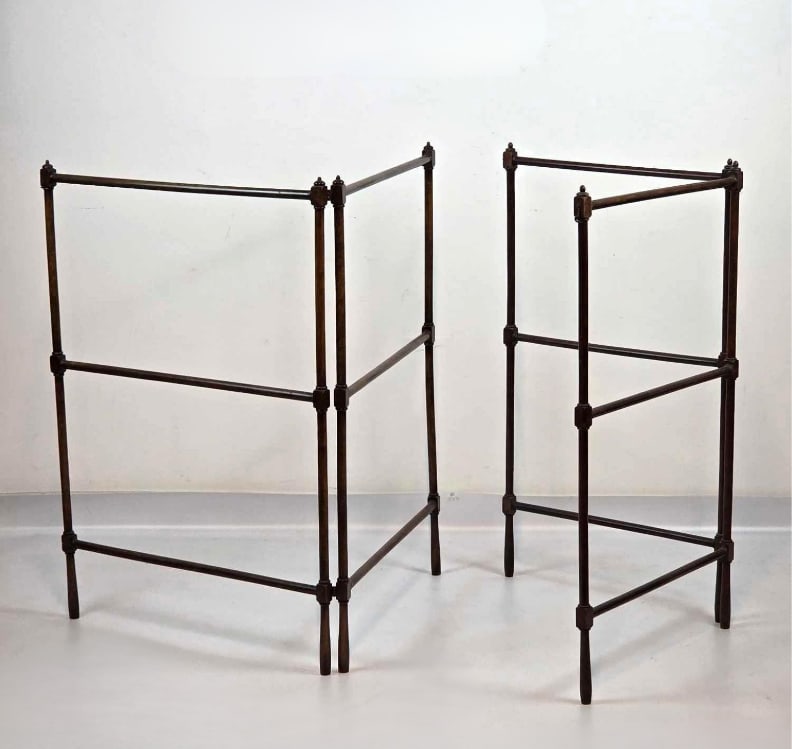 TWO ANTIQUE GEORGE III STYLE FOLDING TOWEL RAILS: A pair of English 19th century style dark wood folding towel airers with turned supports and finial accents. Approximate Dimensions: 35.5" H x 48.75" W & 35.5" H x 40.5" W Artist o