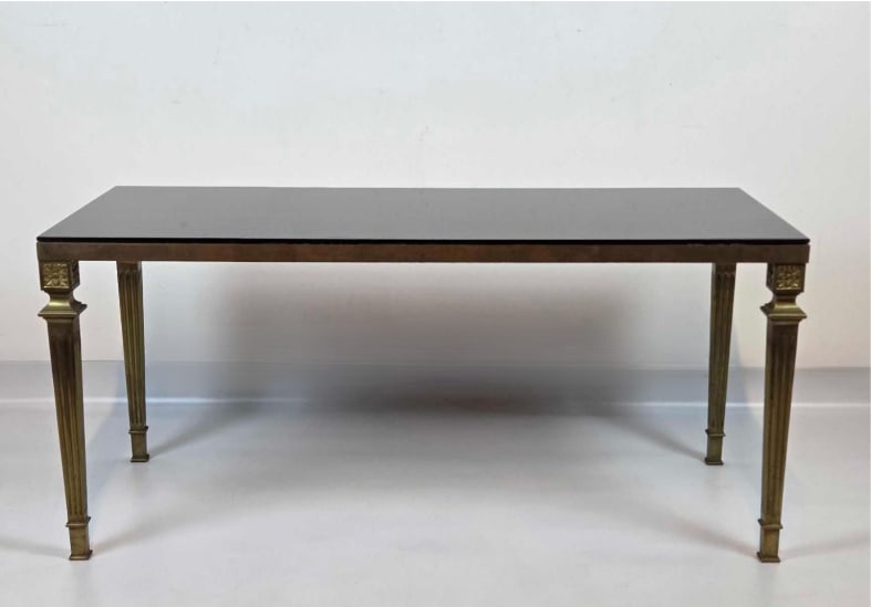 LOUIS XVI STYLE JANSEN INSPIRED BRONZE AND METAL BLACK GLASS COFFEE/ COCKTAIL TABLE (1 of 6)