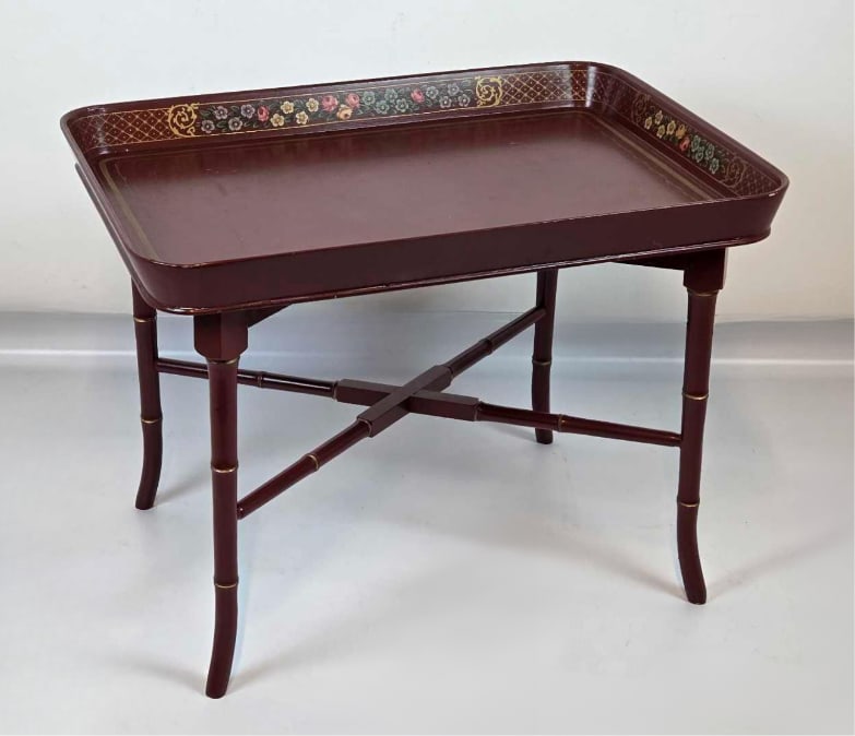VINTAGE CHINOISERIE PAINT DECORATED FAUX BAMBOO TRAY TOP COFFEE TABLE: Vintage 20th-century lacquer-finished butler table with a removable hand-painted floral rim tray on a turned faux bamboo X-stretcher base Approximate Dimensions: 21.5" H X 29.25" W X 22" D