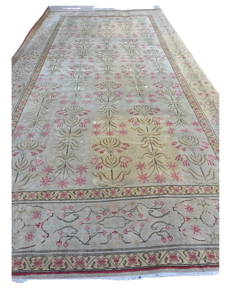 BALLROOM SIZE VINTAGE STARK CARPET HAND KNOTTED WOOL OUSHAK STYLE RUG: Grand-scale designer wool carpet woven in a classic Oushak floral design with repeating palmette medallions and scrolling vine borders Approximate Dimensions: 18' x 9' -10" Artist or Maker