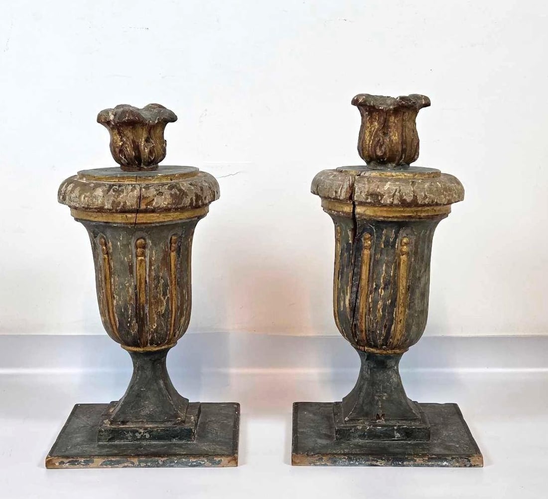 PAIR OF 18TH CENTURY ITALIAN NEOCLASSICAL POLYCHROMED CARVED WOOD URNS: Pair of antique continental carved wood mantle ornaments decorated in original distressed blue, green, and gilt paint on square plinth bases Approximate Dimensions: 23" H X 12" W X 12" D A