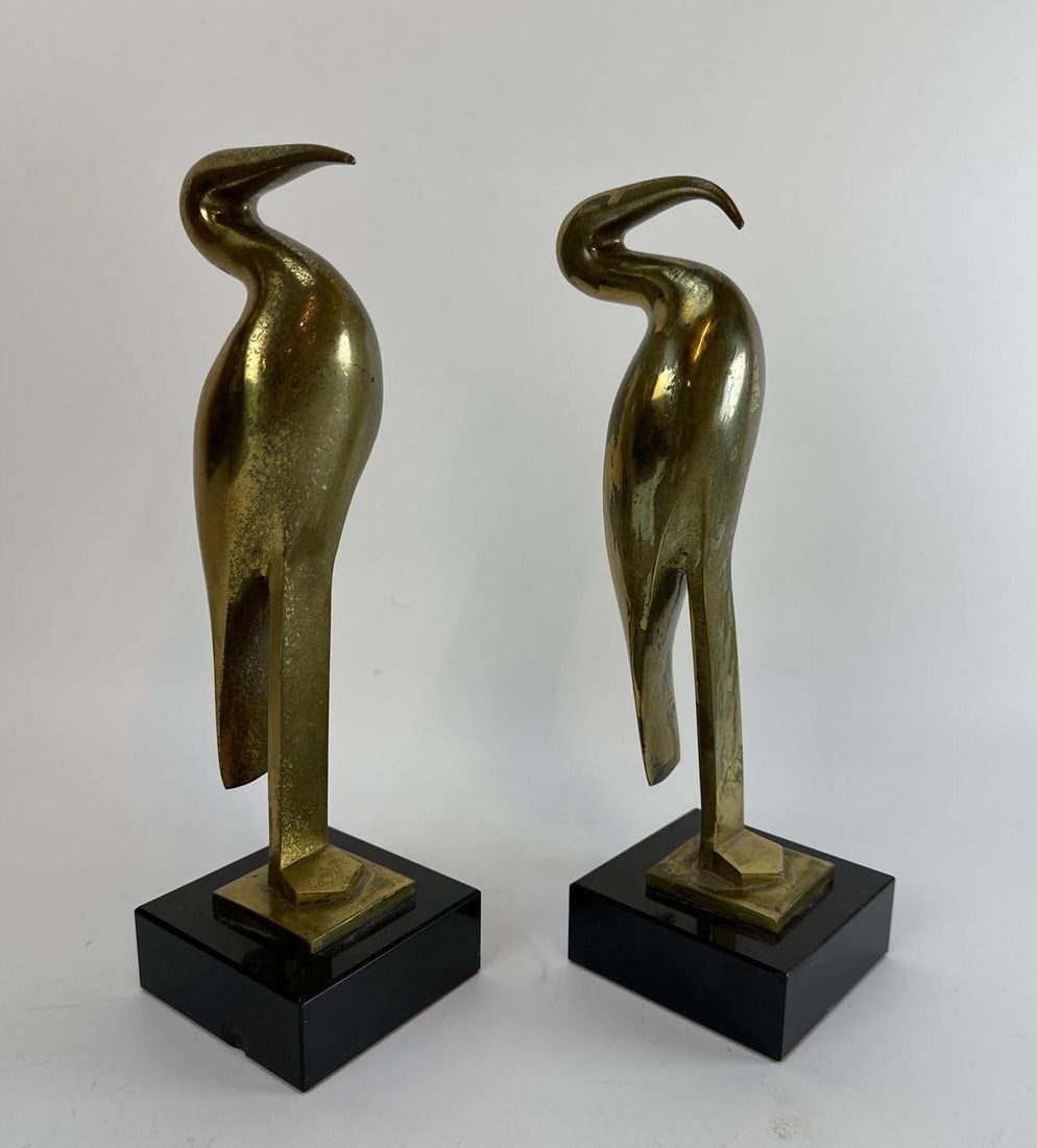 PAIR OF CHARLES REUSSNER SIGNED FRENCH ART DECO POLISHED BRASS BIRD SCULPTURES ON MARBLE BASES (1 of 11)
