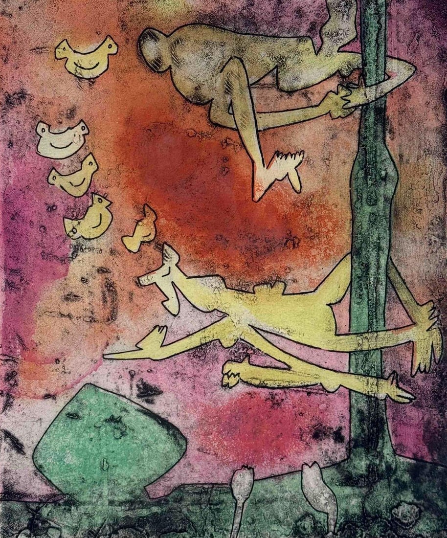 ROBERTO MATTA SIGNED LIMITED EDITION COLOR AQUATINT ETCHING 16/100: Original 1974 surrealist color etching and aquatint on paper. Approximate Dimensions: 19" X 15.5" ;FRAME 27" X 21" Artist or Maker: Unknown Provenance: A New Yor