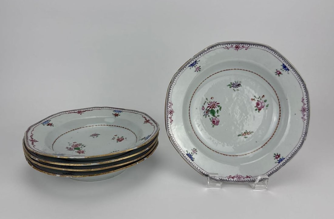 SET OF 5 ANTIQUE CHINESE EXPORT PORCELAIN FAMILLE ROSE PLATES (1 of 8)