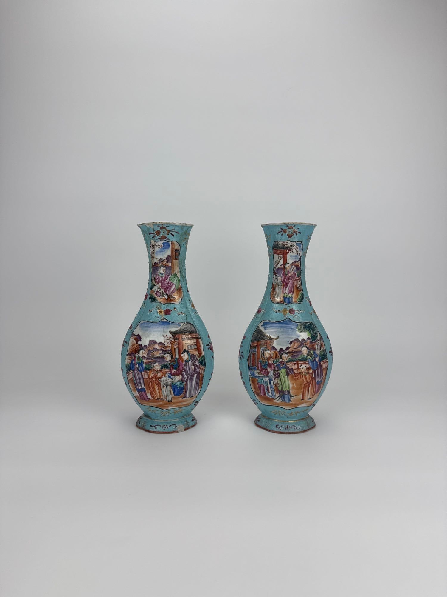 PAIR OF ANTIQUE CHINESE EXPORT FAMILLE ROSE TURQUOISE CHICKEN SKIN VASES: Nineteenth-century Qing dynasty porcelain baluster-form vases decorated with reserve cartouches of courtly figures and scholars in pavilion garden landscapes against a textured turquoise-ground stippl