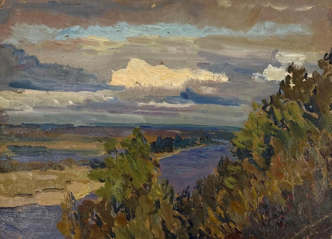 RUSSIAN SCHOOL IMPRESSIONIST RIVER VALLEY LANDSCAPE OIL ON CARDSTOCK: Early to mid-20th century impasto oil painting on heavy cardstock depicting a panoramic river bend landscape viewed from an elevated, wooded hillside under a dramatic overcast sky. Approximate Dimensi