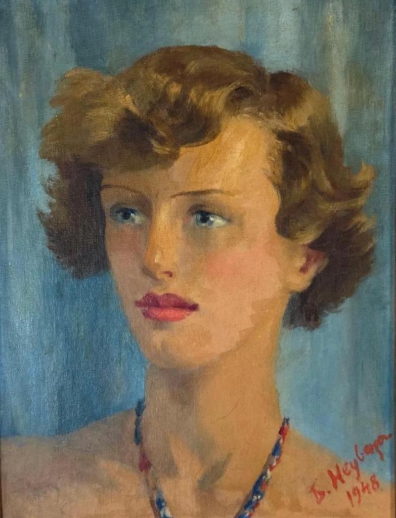 D. HEYGEISER MID CENTURY PORTRAIT OF A WOMAN OIL PAINTING DATED 1948: Mid-century oil on canvas portrait painting depicting a stylized bust of a young woman, signed and dated "D. Heygeiser 1948" lower right, in a wide vintage wooden frame. Approximate Dimensions