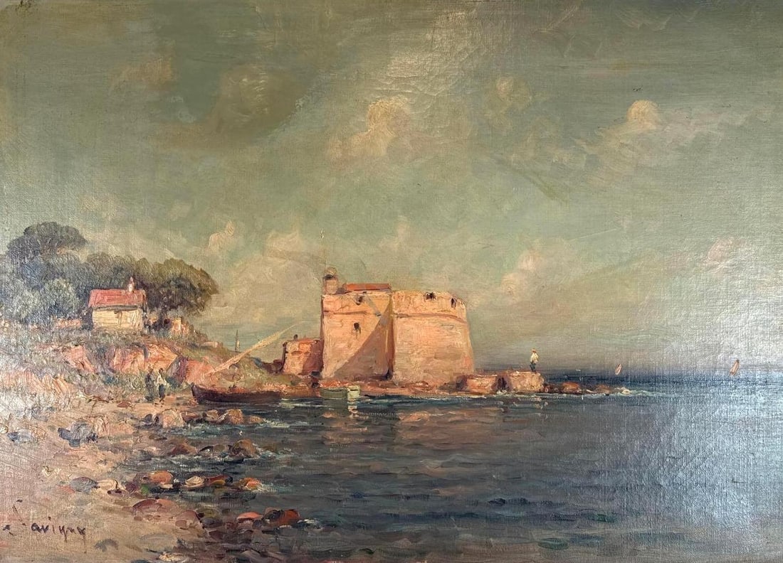 PAUL SAVIGNY FRENCH IMPRESSIONIST COASTAL SEASCAPE OIL PAINTING: Antique French oil on canvas coastal landscape depicting a sun-drenched stone fortress and red-roofed cottage along a rocky shoreline with distant sailboats. Approximate Dimensions: 18" X 26" 