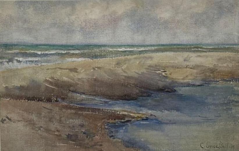 C. LOUISE BELING MID CENTURY COASTAL SEASCAPE WATERCOLOR PAINTING: Signed 1960s framed atmospheric watercolor on paper depicting a serene coastal beach landscape with tidal pools and rolling ocean waves under an overcast sky Approximate Dimensions: 13” x 19&rdq