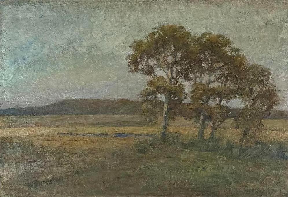 ANTIQUE AMERICAN SCHOOL TONALIST LANDSCAPE OIL PAINTING SIGNED INDECIPHERABLE: Late 19th or early 20th-century original oil painting on canvas board in a stained oak frame Approximate Dimensions: 18” x 27” ; Frame 24” x 33” Artist or Maker: Unknown <