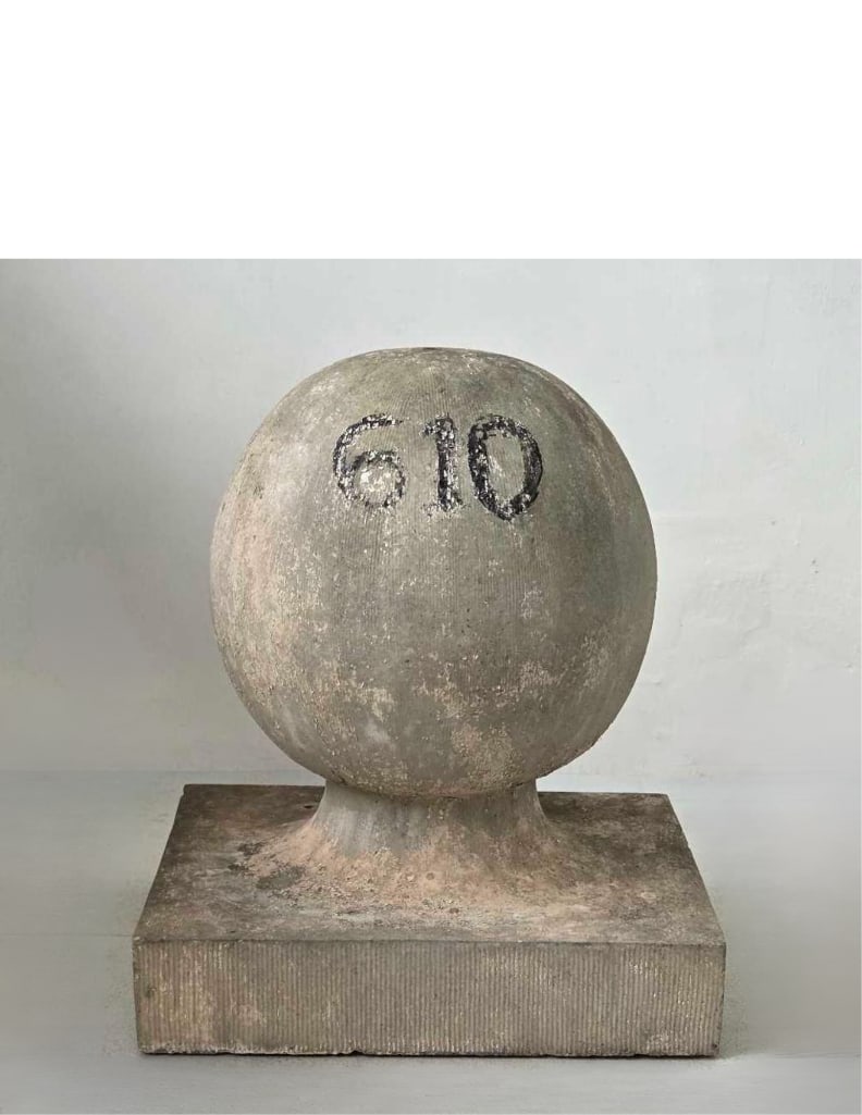 VINTAGE WEATHERED CAST CONCRETE GARDEN SPHERE FINIAL ON SQUARE PLINTH BASE: Single mid-century architectural cast stone garden ornament modeled as a large ball finial on an integrated square plinth base showing a weathered patina and painted inventory number 610 Approximate D