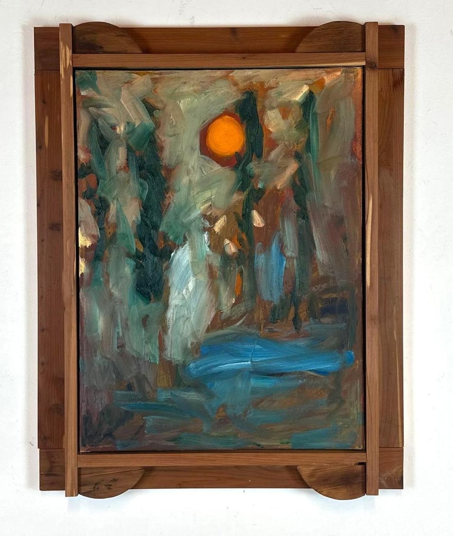JAMES GRECO SIGNED ORIGINAL EXPRESSIONIST LANDSCAPE OIL ON CANVAS: Original expressionist landscape oil painting on canvas by artist James Greco, featuring heavily textured, gestural brushstrokes depicting a brilliant orange sun over a body of water and abstracted fo