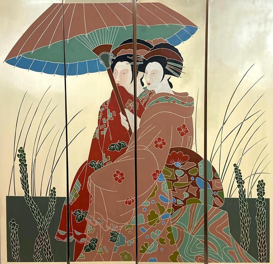 VINTAGE JAPANESE INLAY STYLE PAINTED GEISHA FOUR PANEL WALL SCREEN: *Decorative four-panel folding wood screen designed for wall mounting, hand-painted on a champagne gold ground featuring an intricate inlay-style cloisonné or shibayama imitation technique, depicting