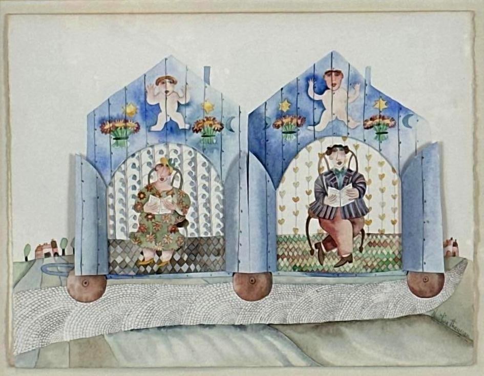 SIGNED CHRISTINE THOUZEAU FRAMED ORIGINAL WHIMSICAL CUT OUT WATERCOLOR PAINTING (1 of 8)