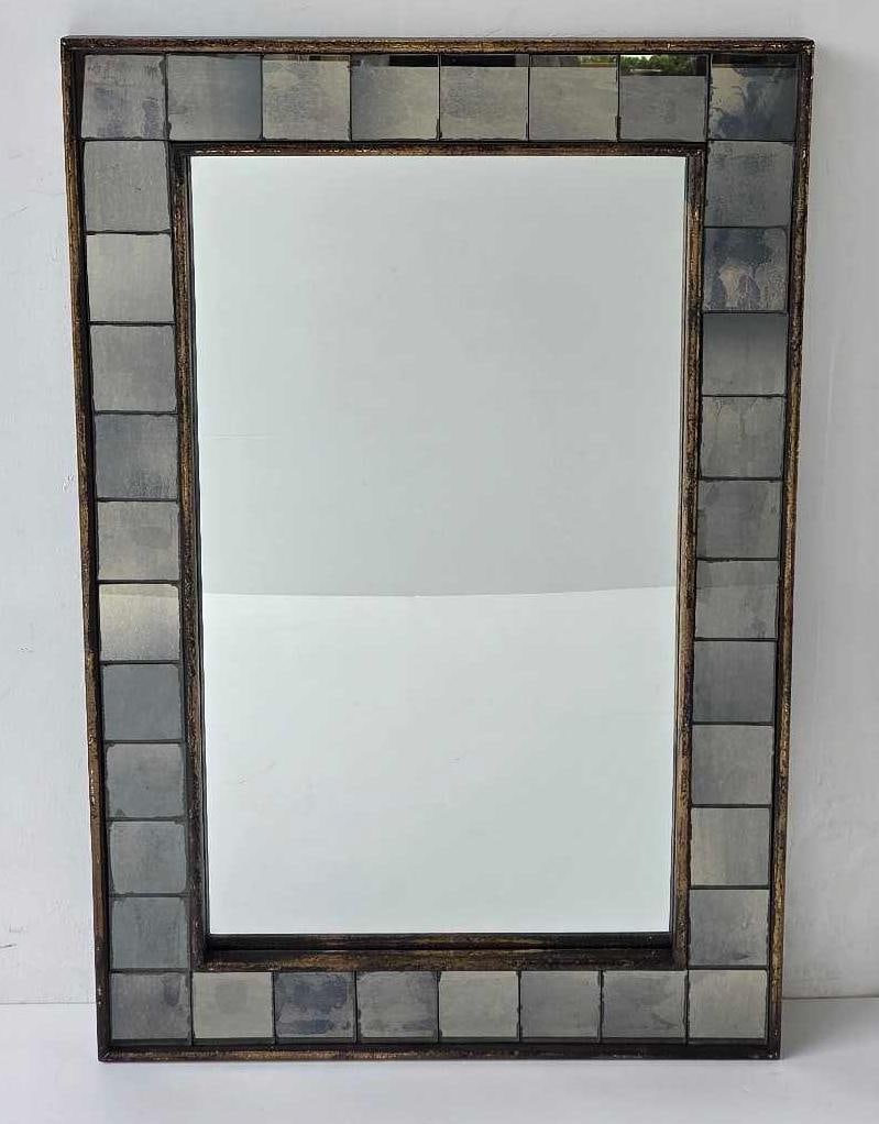 HOLLYWOOD REGENCY STYLE MIRRORED TILE RECTANGULAR WALL MIRROR - 2