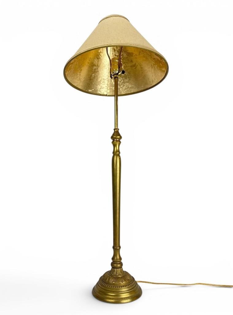ORNATE CAST BRASS TALL CANDLESTICK LAMP WITH LINEN SHADE (1 of 13)