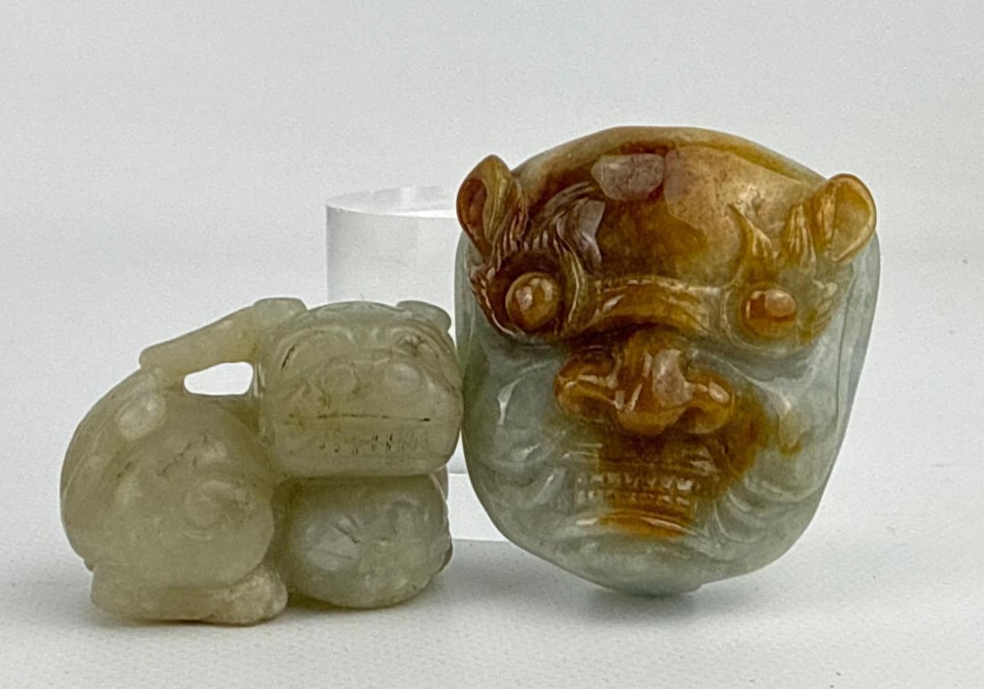 CHINESE ANTIQUE CARVED JADE AND JADEITE DRAGON BELT BUCKLE AND LION TOGGLE GROUP (1 of 15)