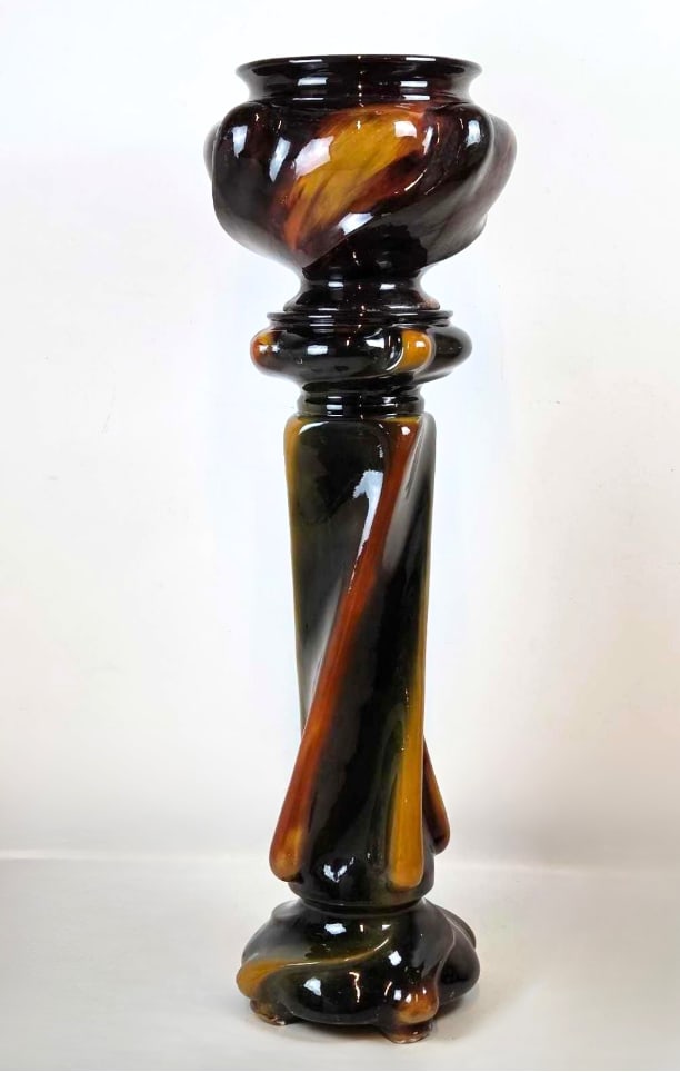 WELLER POTTERY "FOREST" PATTERN GLAZED CERAMIC JARDINIERE AND PEDESTAL: *A vintage early 20th-century Weller Pottery two-piece jardinière and matching pedestal stand in the highly collectible "Forest" pattern. Approximate Dimensions: 47.5" H X 15" DIA PED
