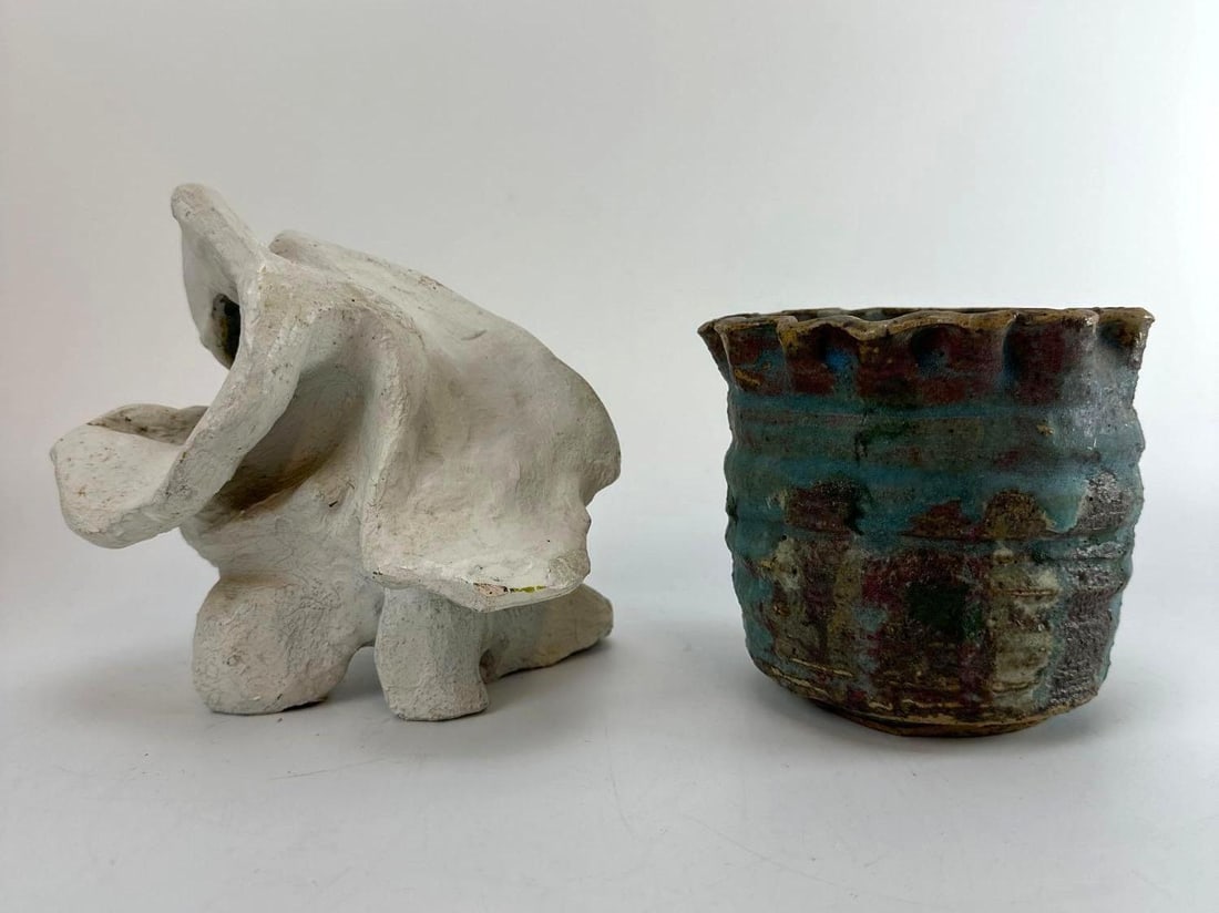 TWO PIECES OF MODERNIST STUDIO ART POTTERY & ABSTRACT SCULPTURE BIOMORPHIC: *A two-piece collection of mid-century modern abstract studio ceramics including an organic biomorphic white unglazed stoneware sculpture and a hand-thrown textured vessel with blue and earthy brown d