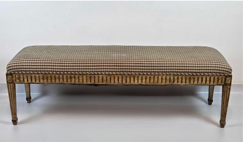 VINTAGE PAINT DECORATED UPHOLSTERED BENCH IN THE STYLE OF ROSE TARLOW "MADAME DU BARRY" (1 of 11)
