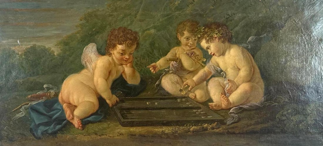 JOSEPH-IGNACE-FRANÇOIS PARROCEL 18TH CENTURY OIL ON CANVAS PAINTING "CHERUBS PLAYING BACKGAMON (1 of 8)