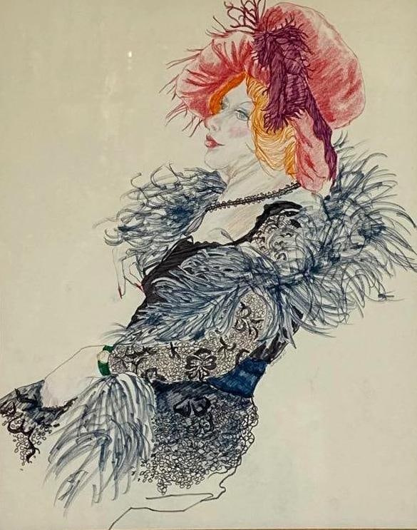 VINTAGE ART DECO STYLE FEMALE PORTRAIT MIXED MEDIA DRAWING IN ORNATE FRAME: Stylized Belle Époque fashion drawing on paper rendered in ink and colored pencil depicting an elegant woman in a feathered hat and boa Approximate Dimensions: 22.5”x27” ; Frame 25.5&rdqu