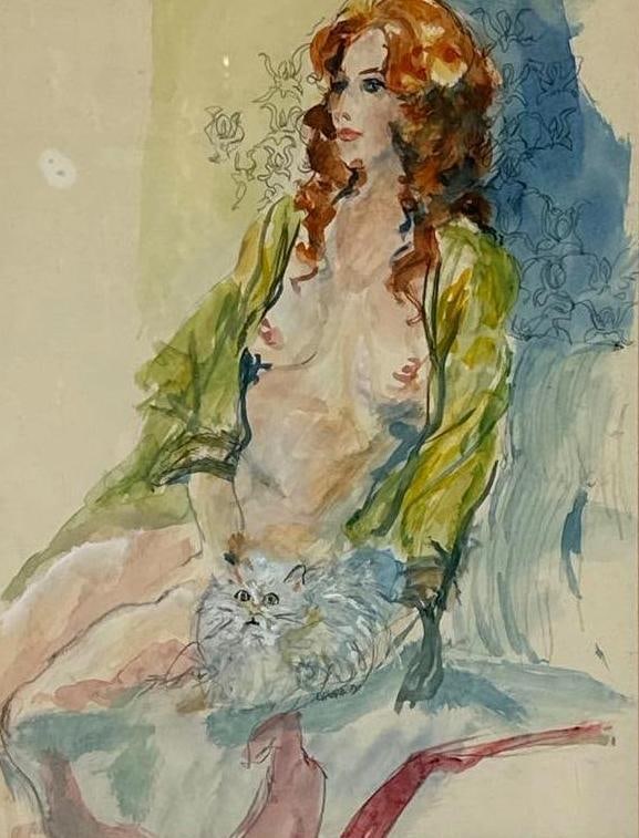 LI PUMA VINTAGE WATERCOLOR PAINTING OF FEMALE NUDE WITH CAT (1 of 8)