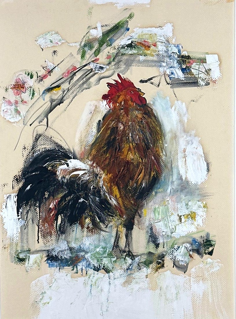 CONTEMPORARY MIXED MEDIA ROOSTER PAINTING: Expressive mixed-media painting of a rooster in warm earth tones with loose gestural brushwork and abstract background elements, in a white mat and frame. Approximate Dimensions: Image: 30"H x 22&