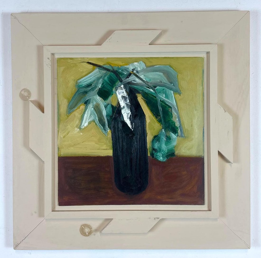 JAMES GRECO EXPRESSIONIST ABSTRACT STILL LIFE OIL PAINTING IN ARTIST FRAME: Modern gestural abstract expressionist oil painting depicting a botanical still life in a dark vase housed in a custom hand-built wooden artist frame Approximate Dimensions: 25.5”x25.5” Ar