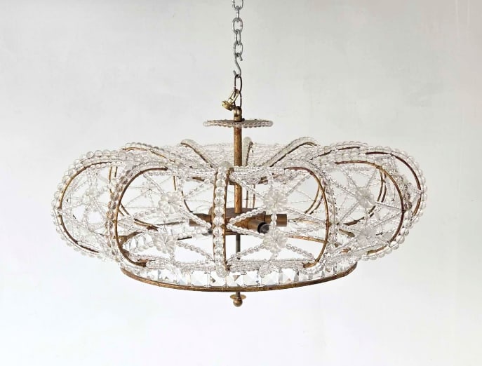 ???????BEADED CRYSTAL & GILT BASKET / CROWN CHANDELIER - BAGUES STYLE (1 of 11)