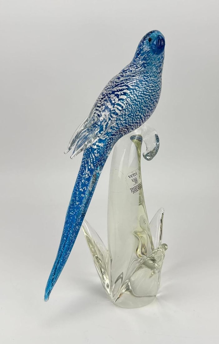 FORMIA MURANO BLUE AND SILVER FOIL BUDGERIGAR GLASS SCULPTURE (1 of 14)