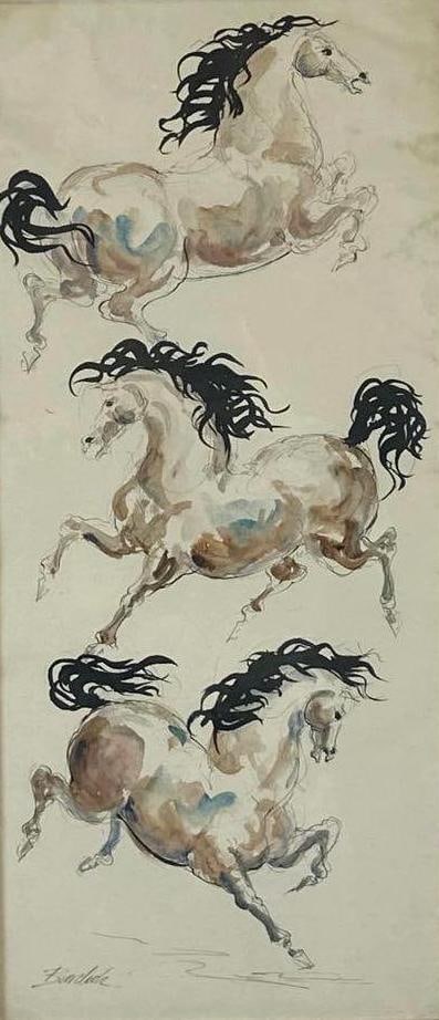 CHARLES BURDICK SIGNED HORSE WATERCOLOR AND INK PAINTING: Signed watercolor and ink painting. Approximate Dimensions: 10"H x 22"W Frame: 12"H x 24"W; Artist or Maker: Charles Edward Burdick (American, 1924–2016) Provenance: