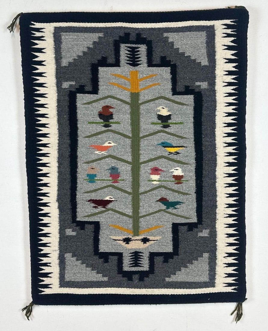 NAVAJO TREE OF LIFE PICTORIAL TAPESTRY WITH BIRD: Hand-woven wool Navajo-style Tree of Life pictorial tapestry, depicting a central cornstalk tree with multicolored birds, bordered by a stepped geometric pattern, mounted on a stretcher. Approximate D