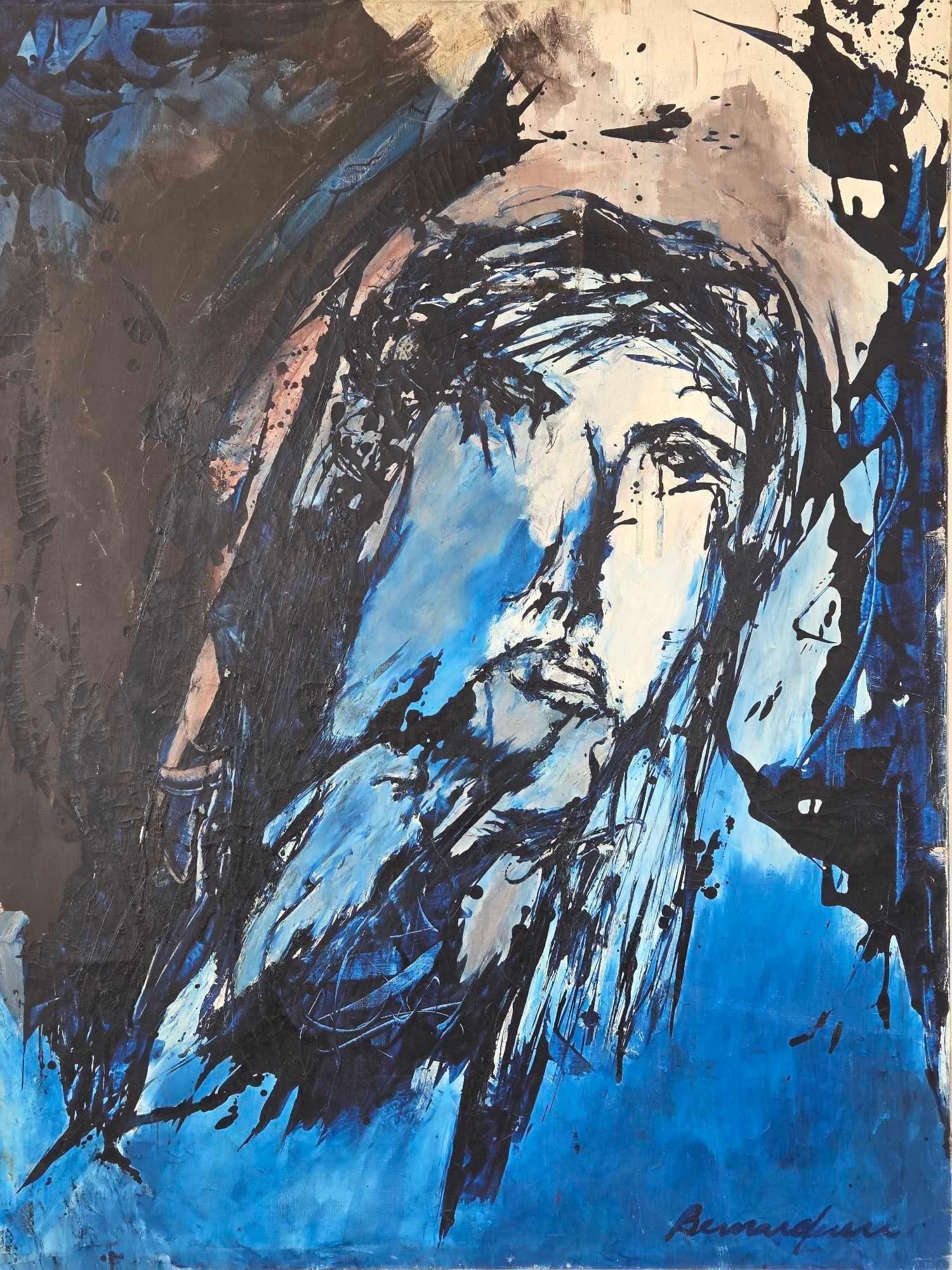 MID-CENTURY EXPRESSIONIST OIL ON CANVAS PAINTING "THE PROPHET" SIGNED BARNARDUCCI: Mid-20th century Mid-Century Modern Expressionist oil on canvas painting titled "The Prophet", featuring a dramatic, stylized portrait rendered in sweeping energetic brushwork and heavy black 