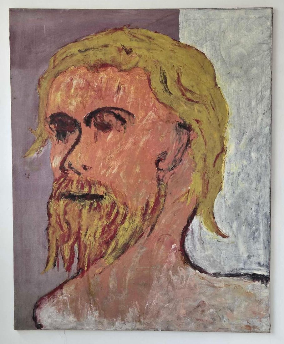 IMPRESSIONIST MALE PORTRAIT OIL ON CANVAS ATTRIBUTED TO BERNARDUCCI: Large-scale mid-century modern Expressionist oil on canvas painting depicting a profile portrait of a bearded man with golden hair, executed with impasto texture and energetic brushwork against a spli